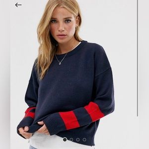 NWT! ASOS BRAVE SOUL NAVY SWEATER WITH RED STRIPED SLEEVES!